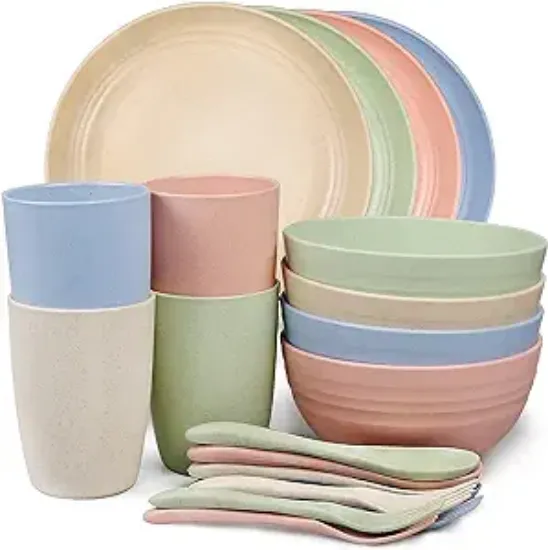 图片 ahopwithgreen Wheat Straw Dinnerware Sets, 20 PCS Microwave Unbreakable Plates and Bowls Sets, Reusable Lightweight Tableware Dinner Dishes, Bowls, Cups, Plastic Dishes for Camping, Kitchen, RV