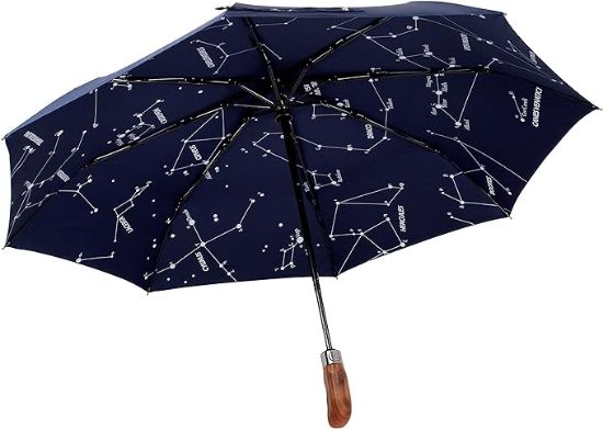 图片 Zalios (Designed in UK) Umbrella Handmade Real Wood Handle-Dark Navy with Sophisticated Constellation Interior Pattern-Windproof Fiberglass Auto Open Close Folding-300T Finest Fabric